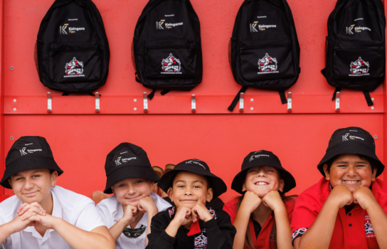 Backpacks, stationery and sun-safe bucket hats were distributed to all students at the start of the school year, including (from left) Anahera Duggan, Peyton-Ema Cole-Wallis, Shiloh-Rain Paratene-Raimona, Legion McPhee, and Te Ringakaha Pou.
