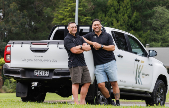 Tree Crop Investment Manager Ben Dixon & Stems Manager Tamati Rhind with a new Kaingaroa Tipu branded ute